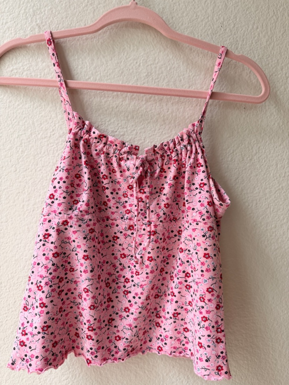 Pink Floral Ruched Cami Top Coquette Cottagecore Bow Tie Front Y2K Barbie Tank M